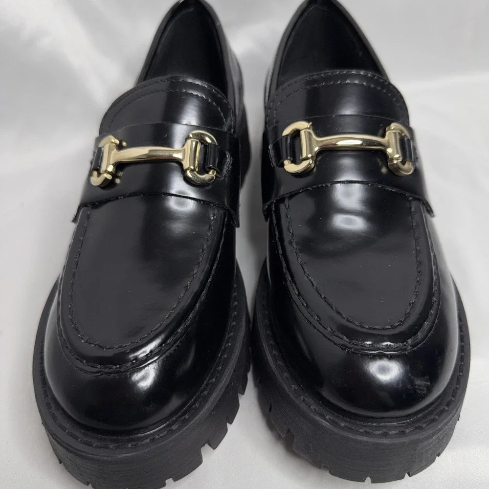 Steve Madden Lando Black Leather Chunky Loafer 8.5 Platform Lug Sole Horsebit